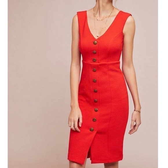 Anthropologie Maeve Quilted Button Midi Dress Red Size Medium NWT - Picture 5 of 11